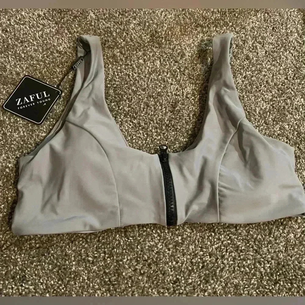 ZAFUL Forever Young Women's Grey Zip Front Bikini Swim Top - size 6-NWT